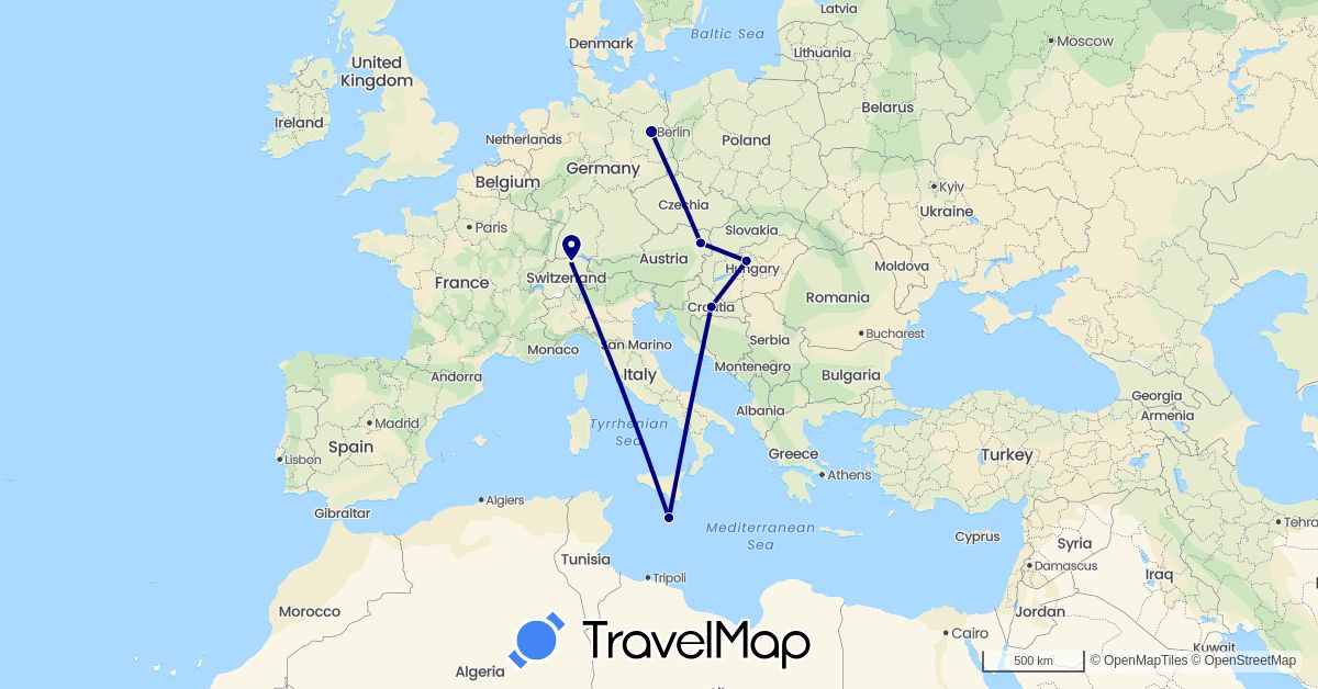 TravelMap itinerary: driving in Austria, Switzerland, Germany, Croatia, Hungary, Malta (Europe)
